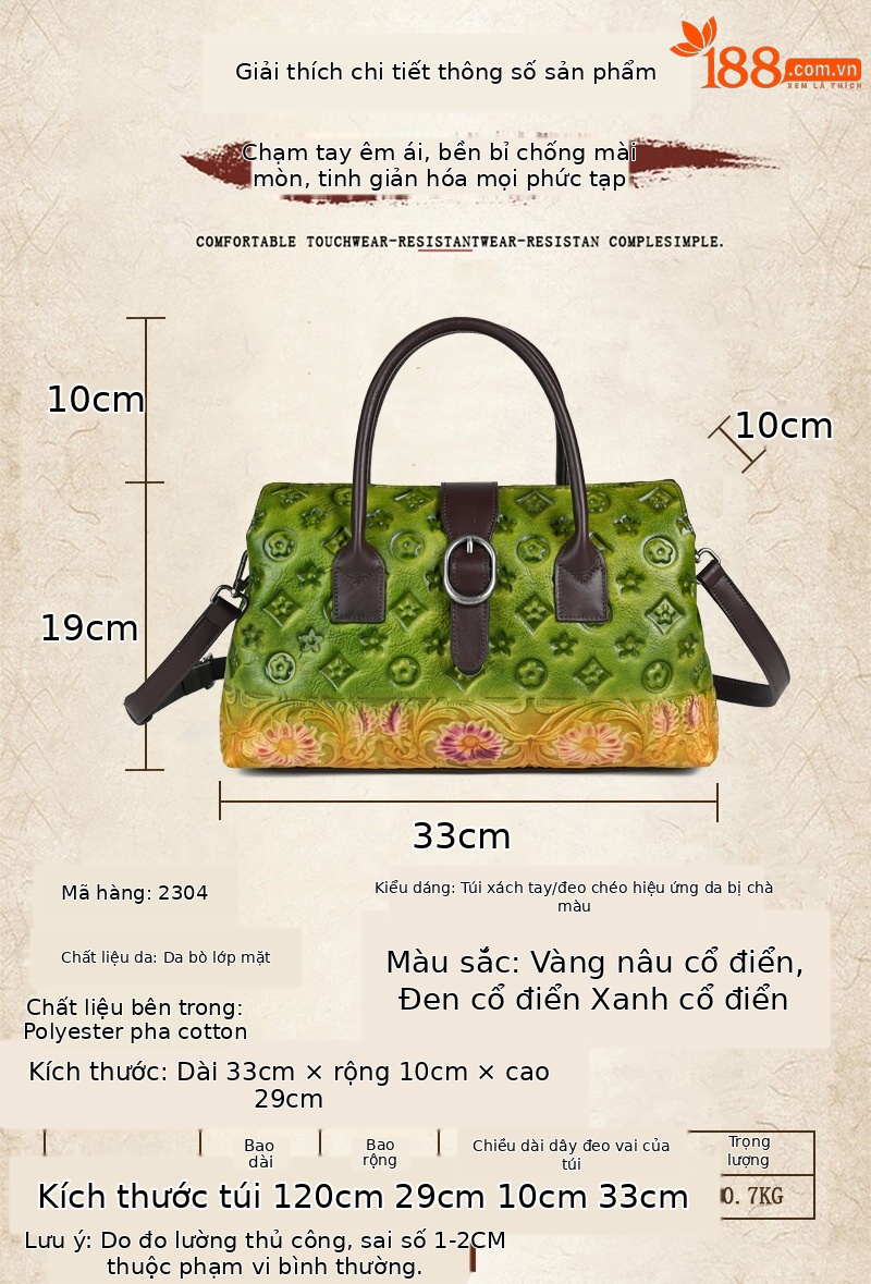 Túi xách nữ da thật dập nổi phong cách Trung Hoa cổ điển 33×10×19 cm — Xanh lá cổ điển chi tiết 2