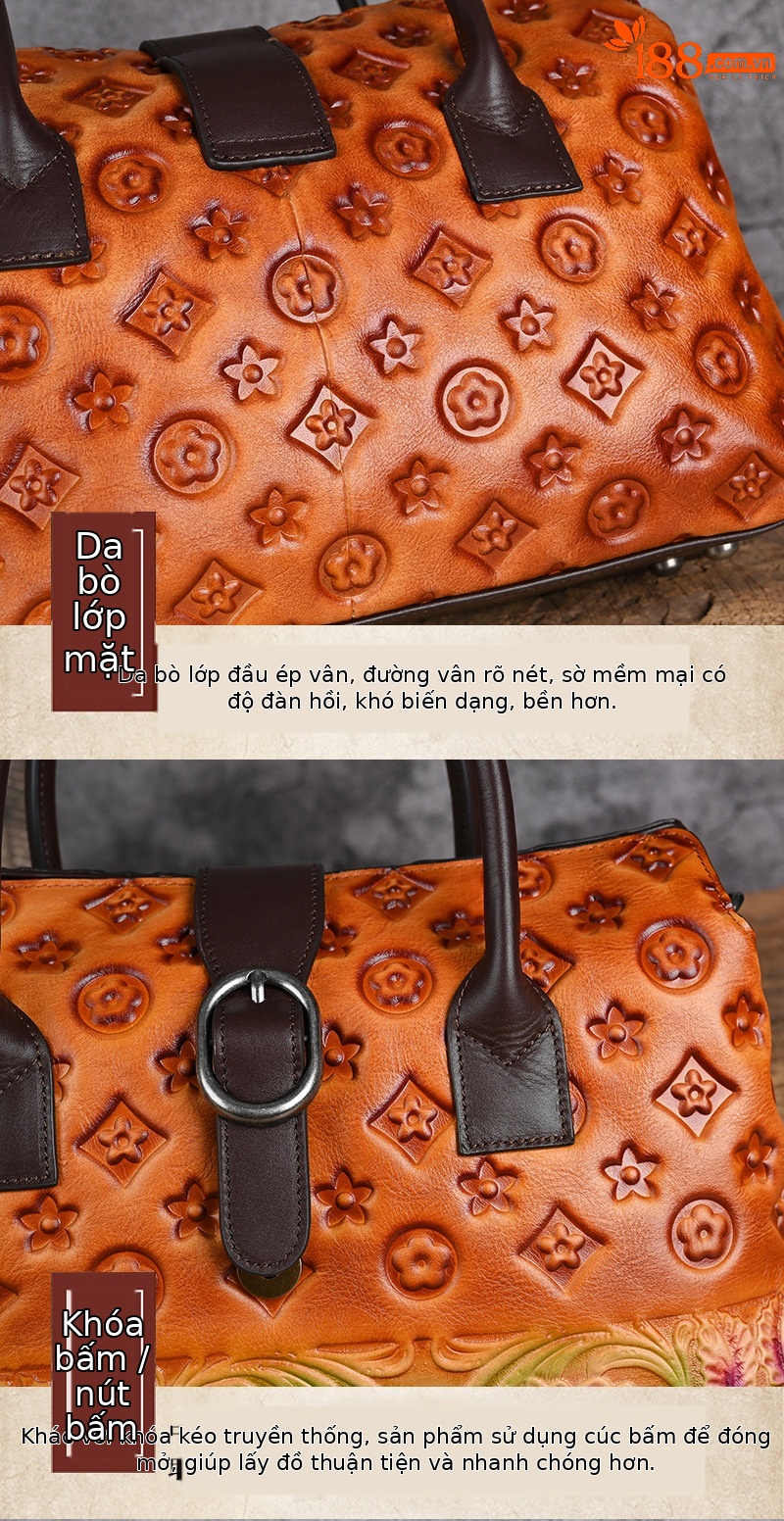 Túi xách nữ da thật dập nổi phong cách Trung Hoa cổ điển 33×10×19 cm — Xanh lá cổ điển chi tiết 12