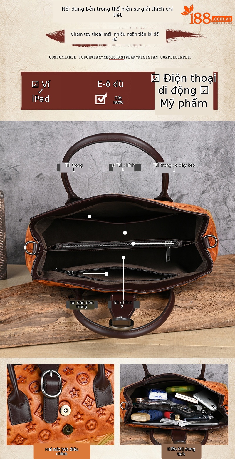 Túi xách nữ da thật dập nổi phong cách Trung Hoa cổ điển 33×10×19 cm — Xanh lá cổ điển chi tiết 16
