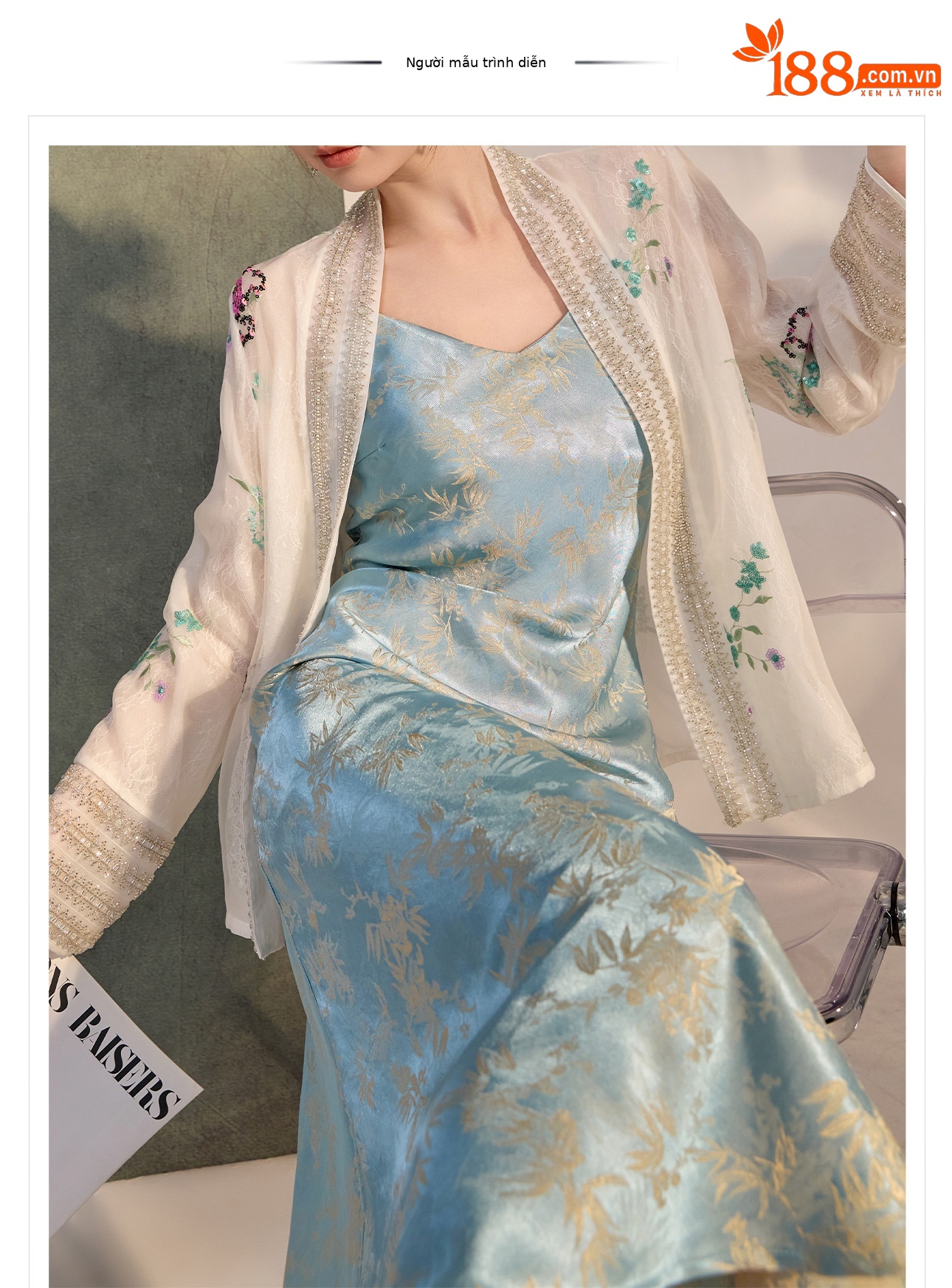 Đầm ôm body nữ dáng dài chất rayon họa tiết lá tre xanh — Màu xanh nước hồ chi tiết 1