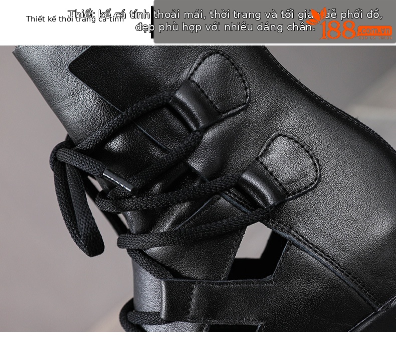 Boot nữ da bò cổ ngắn hở mũi đế cao kiểu La Mã — Màu đen chi tiết 5