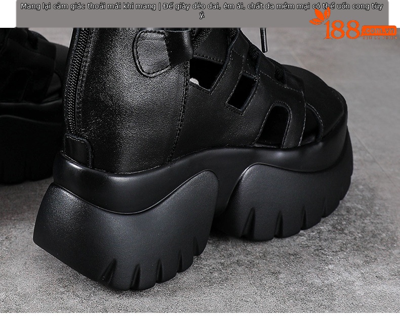 Boot nữ da bò cổ ngắn hở mũi đế cao kiểu La Mã — Màu đen chi tiết 8