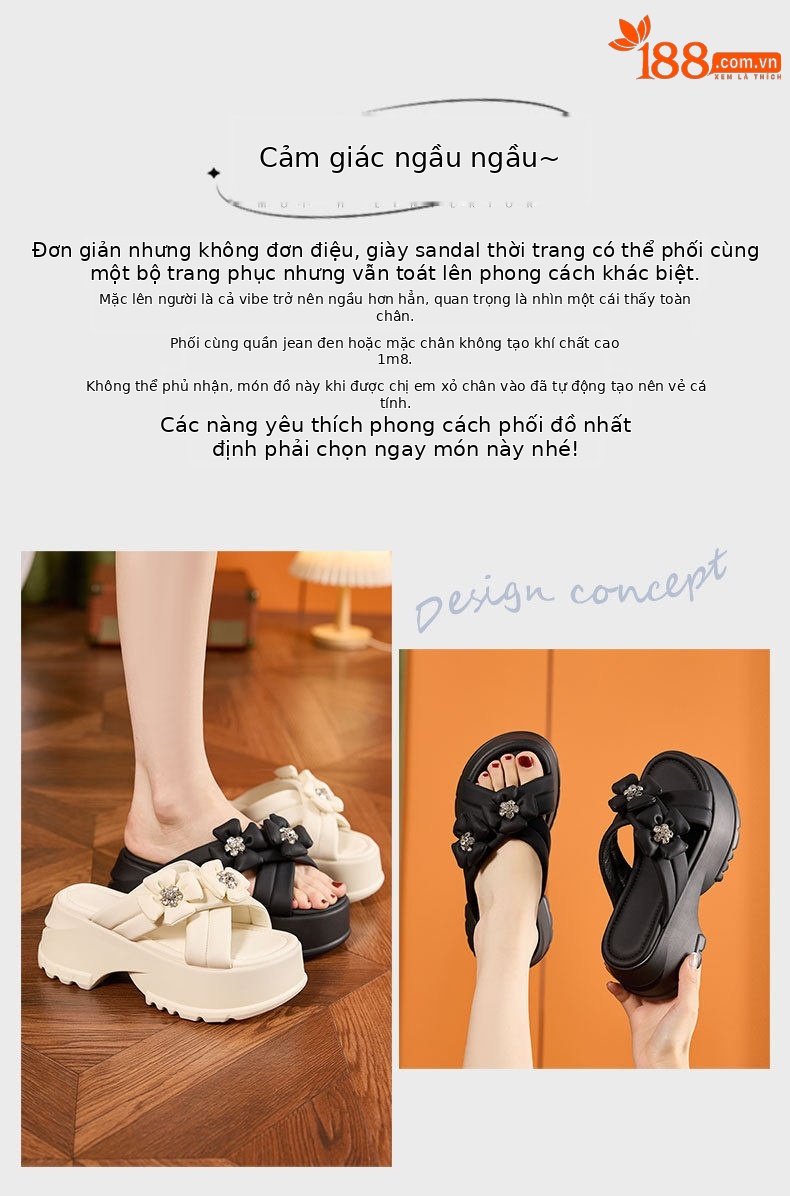 Dép sandal nữ quai chữ V nơ trang trí phong cách Pháp — Đen, Len nguyên chất chi tiết 4