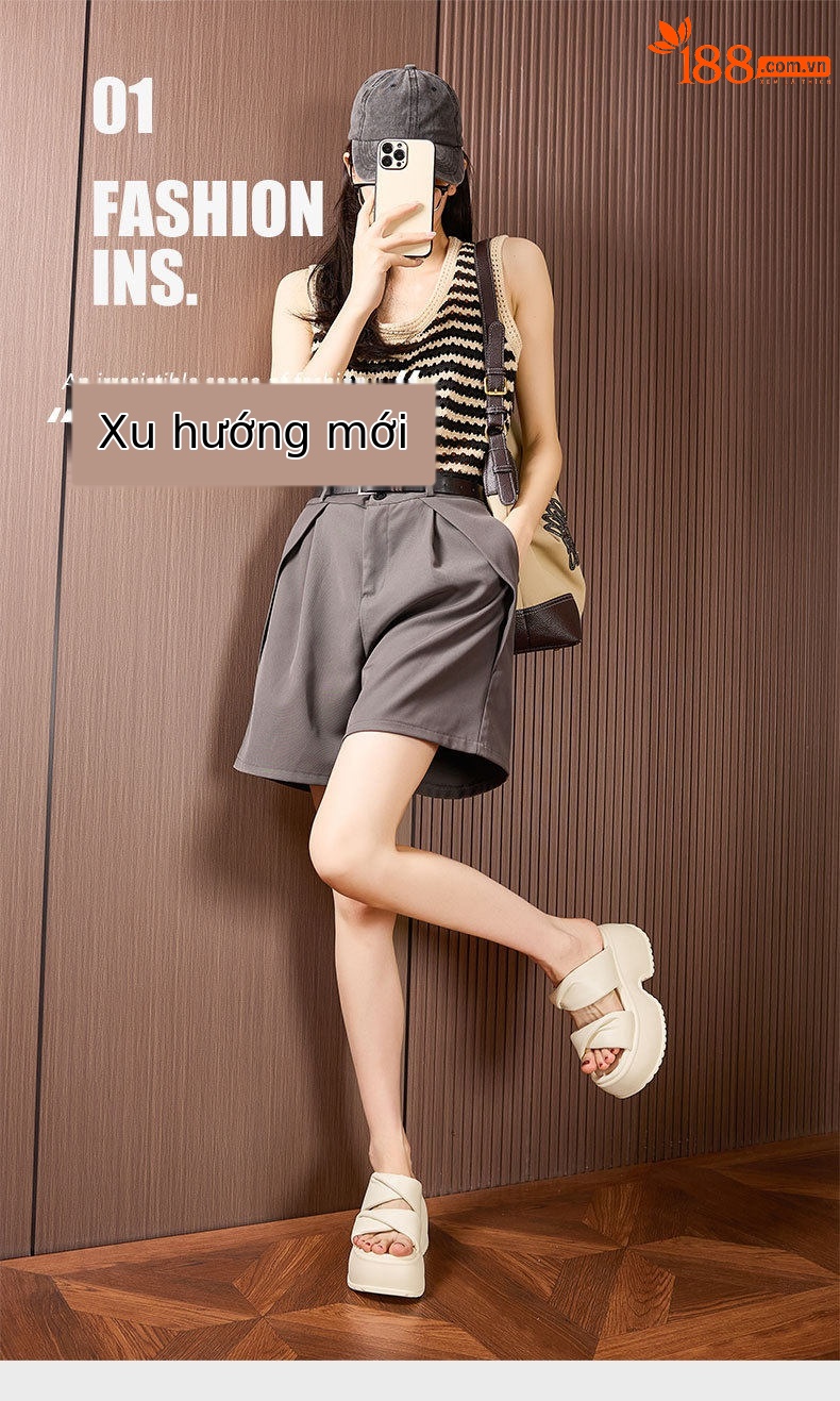 Sandal nữ đế dày platform mũi tròn quai chữ V — Len sạch, Đen chi tiết 2