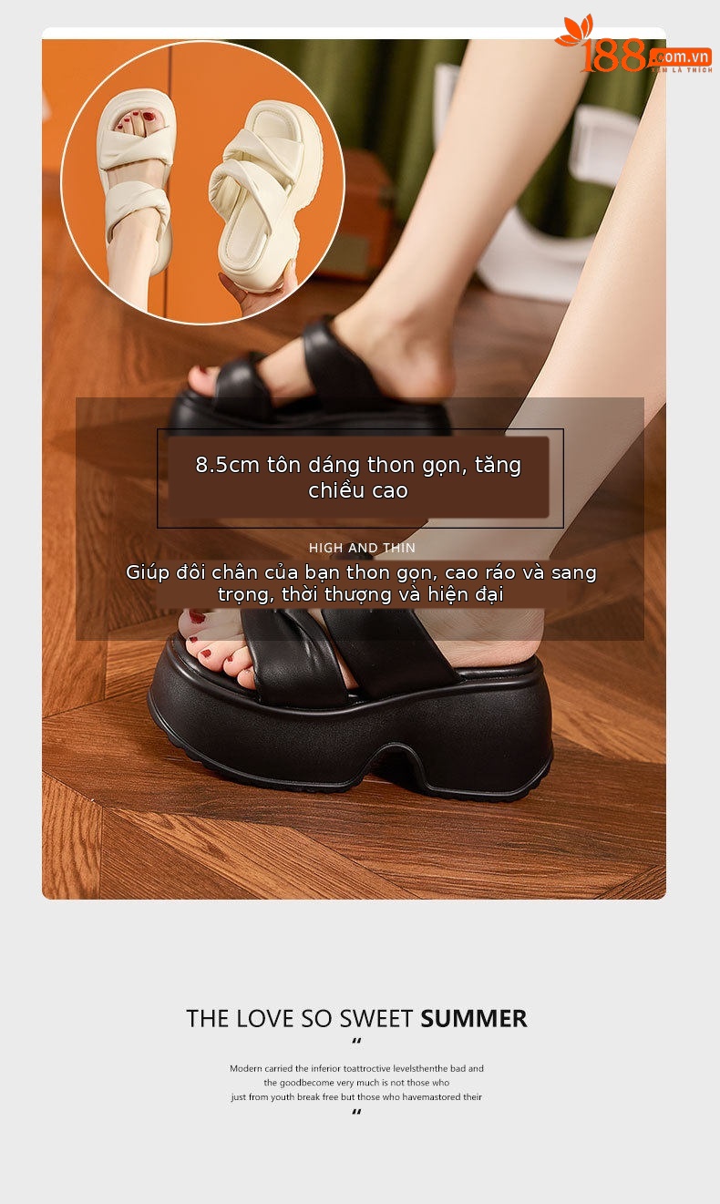 Sandal nữ đế dày platform mũi tròn quai chữ V — Len sạch, Đen chi tiết 9