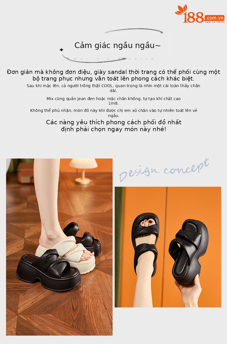 Sandal nữ đế dày platform mũi tròn quai chữ V — Len sạch, Đen chi tiết 4