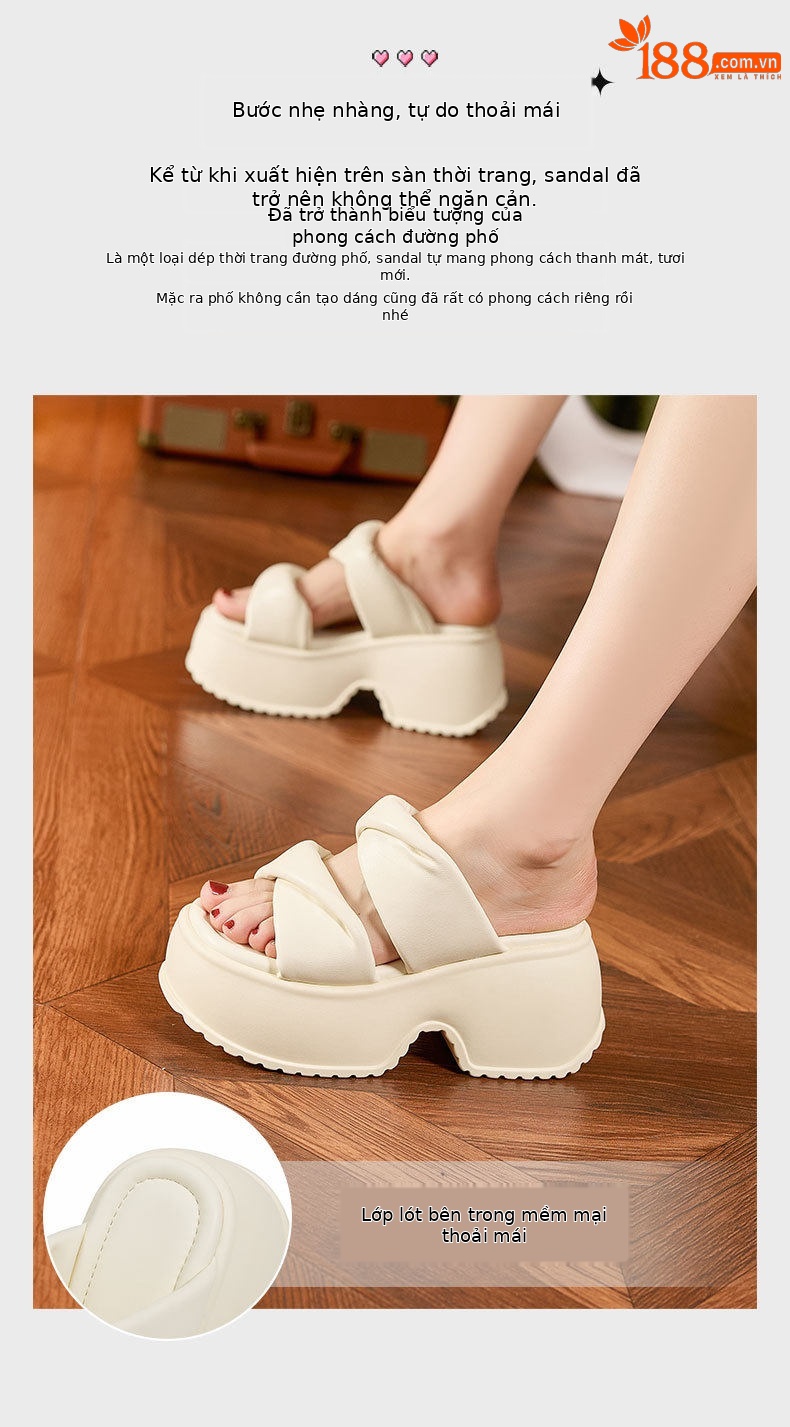 Sandal nữ đế dày platform mũi tròn quai chữ V — Len sạch, Đen chi tiết 5