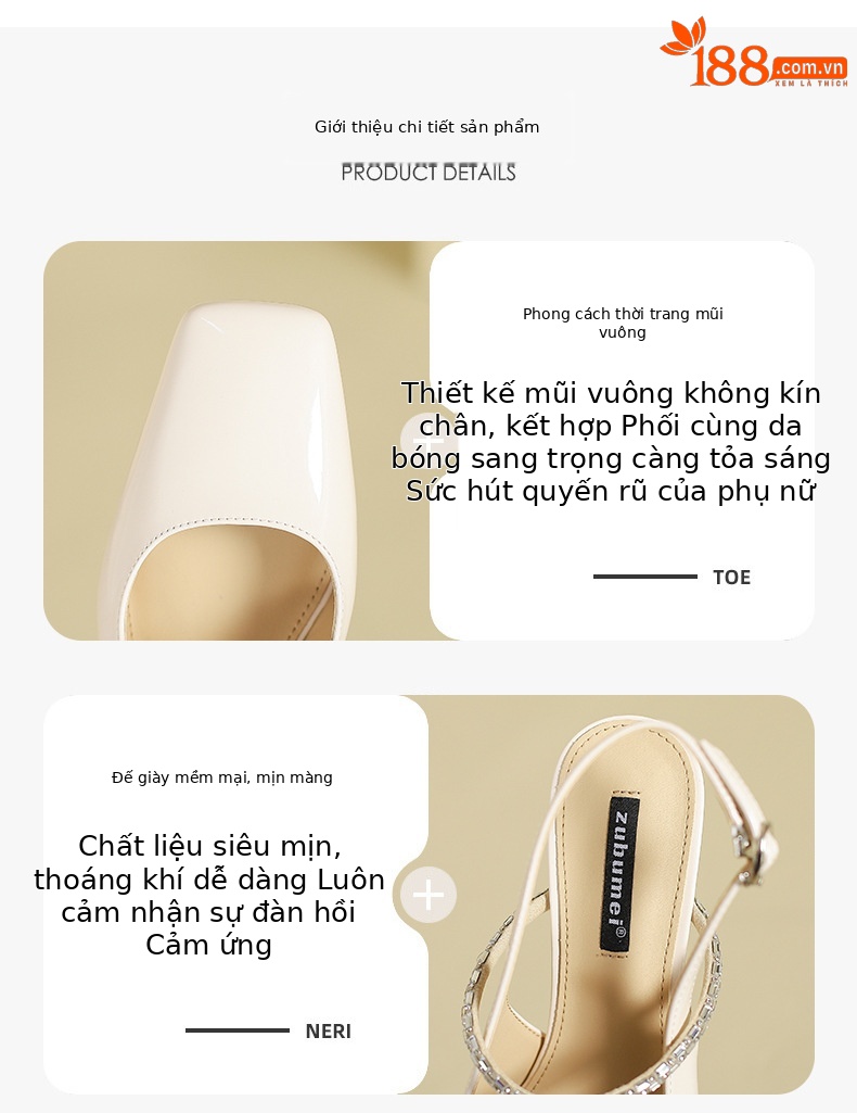 Giày sandal cao gót nữ mũi vuông gót dày, phong cách mới, đính kim cương giả, lưng mũi rỗng — Màu hồng nude chi tiết 2