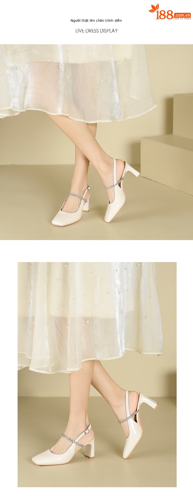 Giày sandal cao gót nữ mũi vuông gót dày, phong cách mới, đính kim cương giả, lưng mũi rỗng — Màu hồng nude chi tiết 4