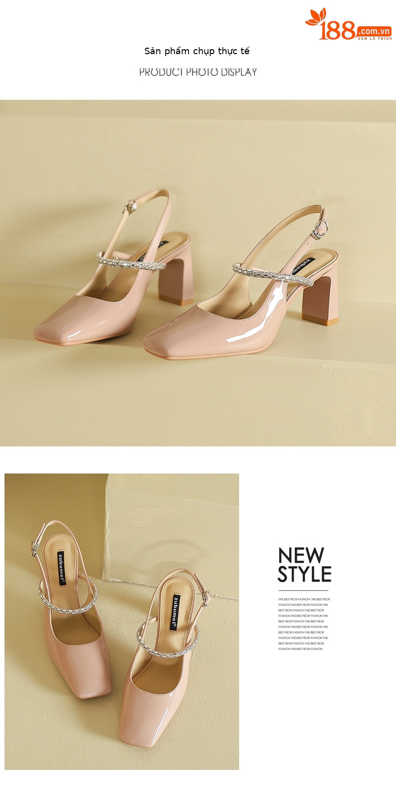 Giày sandal cao gót nữ mũi vuông gót dày, phong cách mới, đính kim cương giả, lưng mũi rỗng — Màu hồng nude chi tiết 8