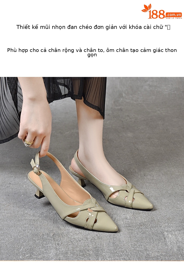 Sandal nữ bít mũi da sáng chế mũi nhọn gót nhọn hở gót — Xanh lục Xám chi tiết 2