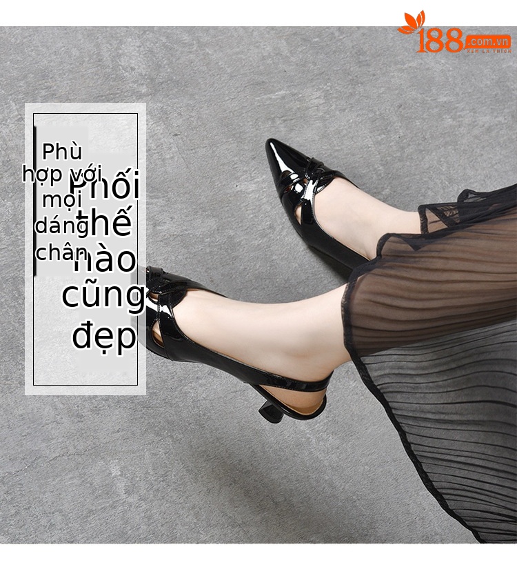 Sandal nữ bít mũi da sáng chế mũi nhọn gót nhọn hở gót — Xanh lục Xám chi tiết 4