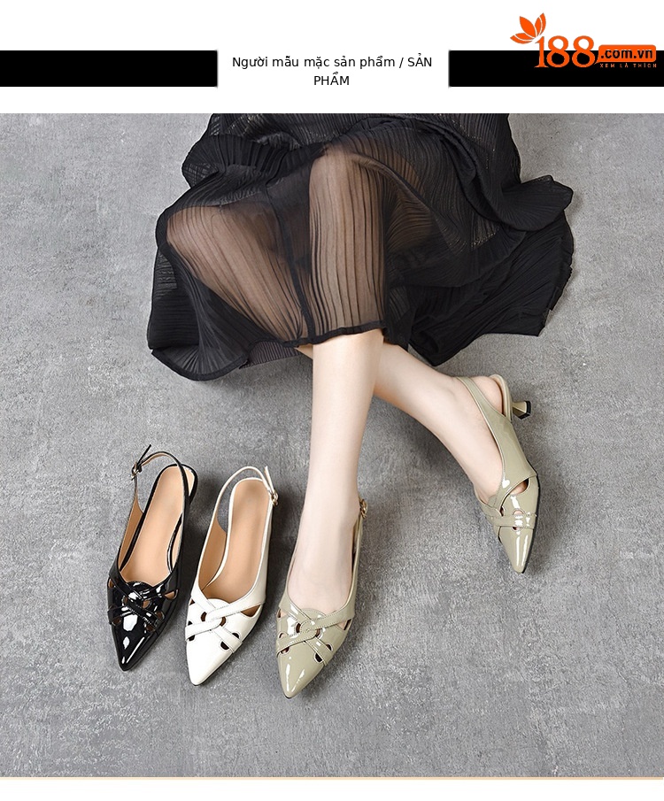 Sandal nữ bít mũi da sáng chế mũi nhọn gót nhọn hở gót — Xanh lục Xám chi tiết 6