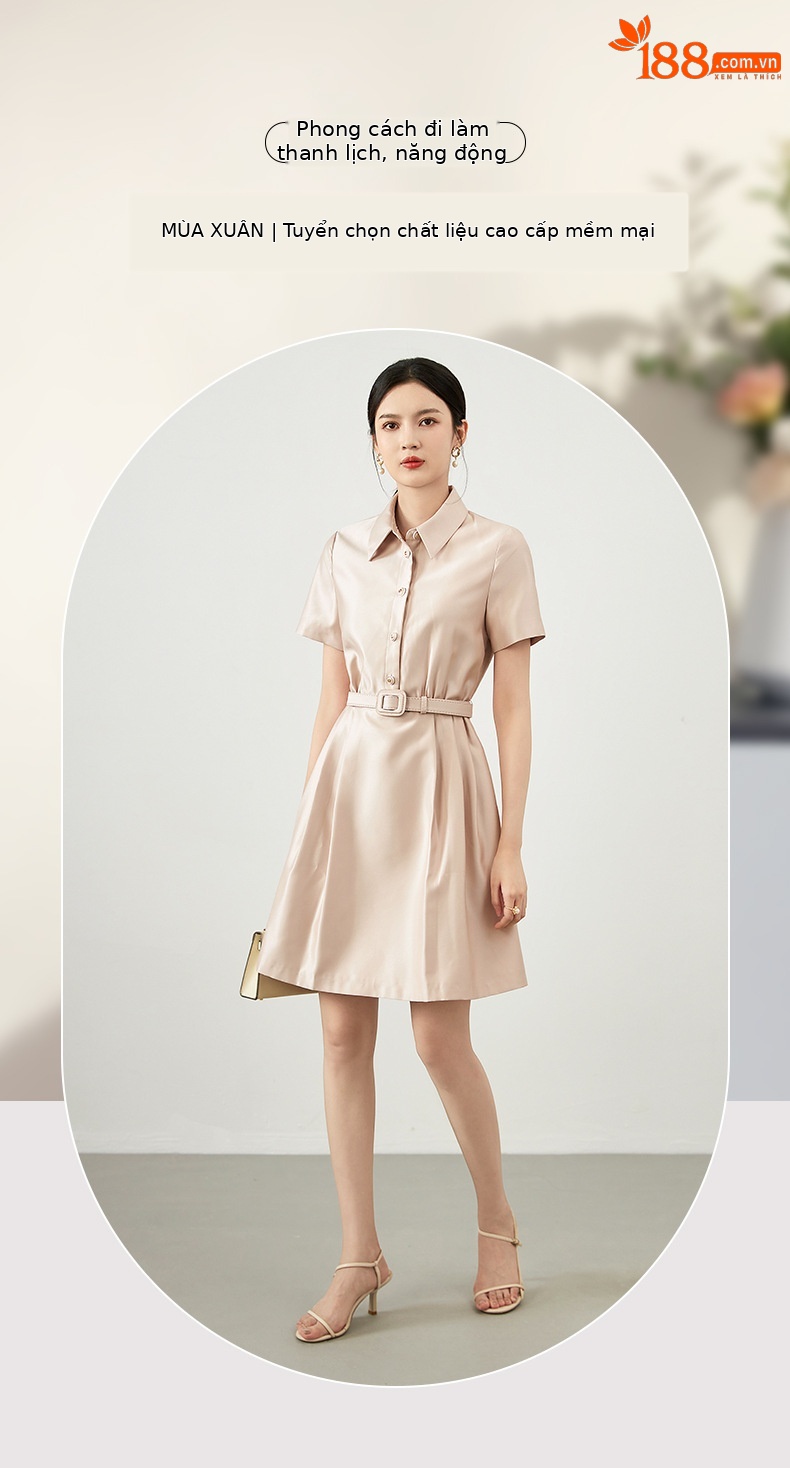 Đầm len lụa chiết eo nữ dáng midi tay ngắn — Màu đen chi tiết 1