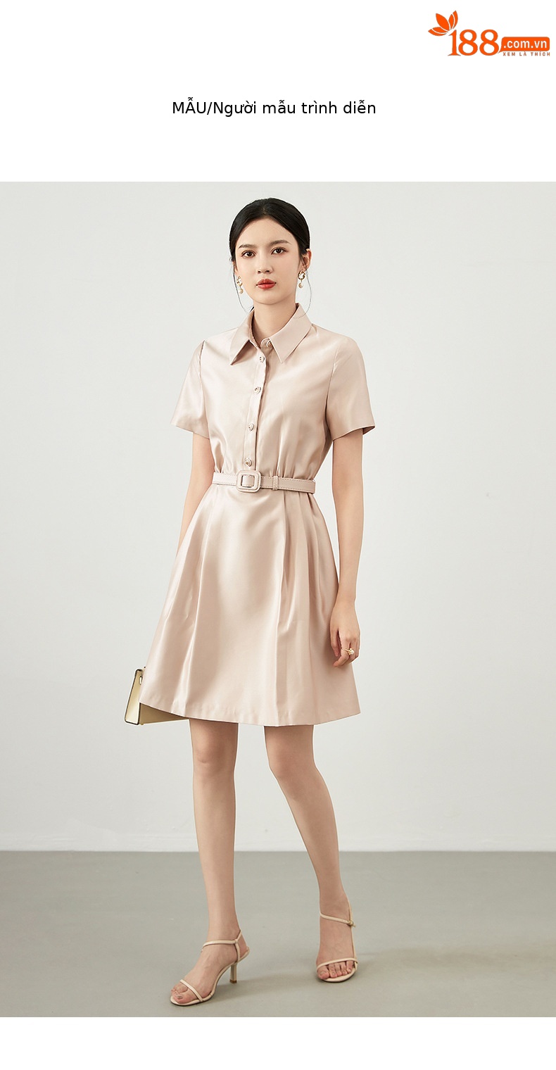 Đầm len lụa chiết eo nữ dáng midi tay ngắn — Màu đen chi tiết 7