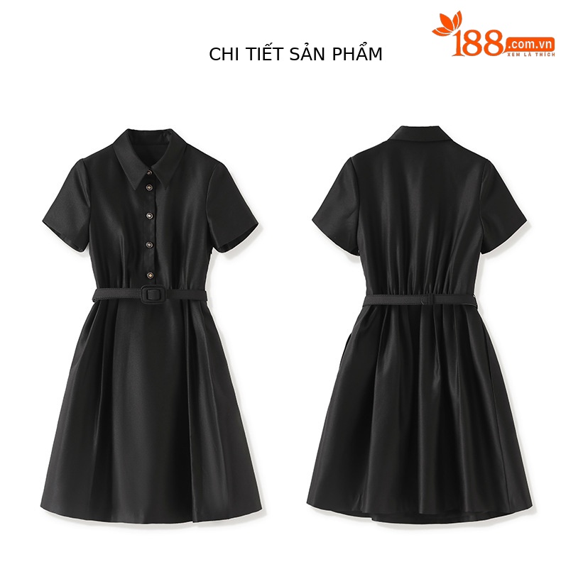 Đầm len lụa chiết eo nữ dáng midi tay ngắn — Màu đen chi tiết 12