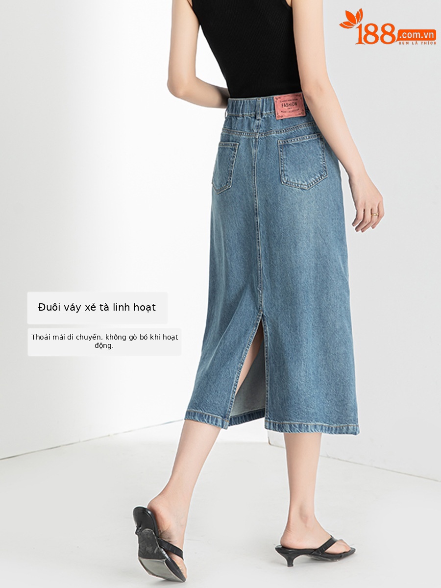 Chân váy bút chì denim Tencel cỡ lớn nữ xẻ tà dài vừa phải — Màu đen