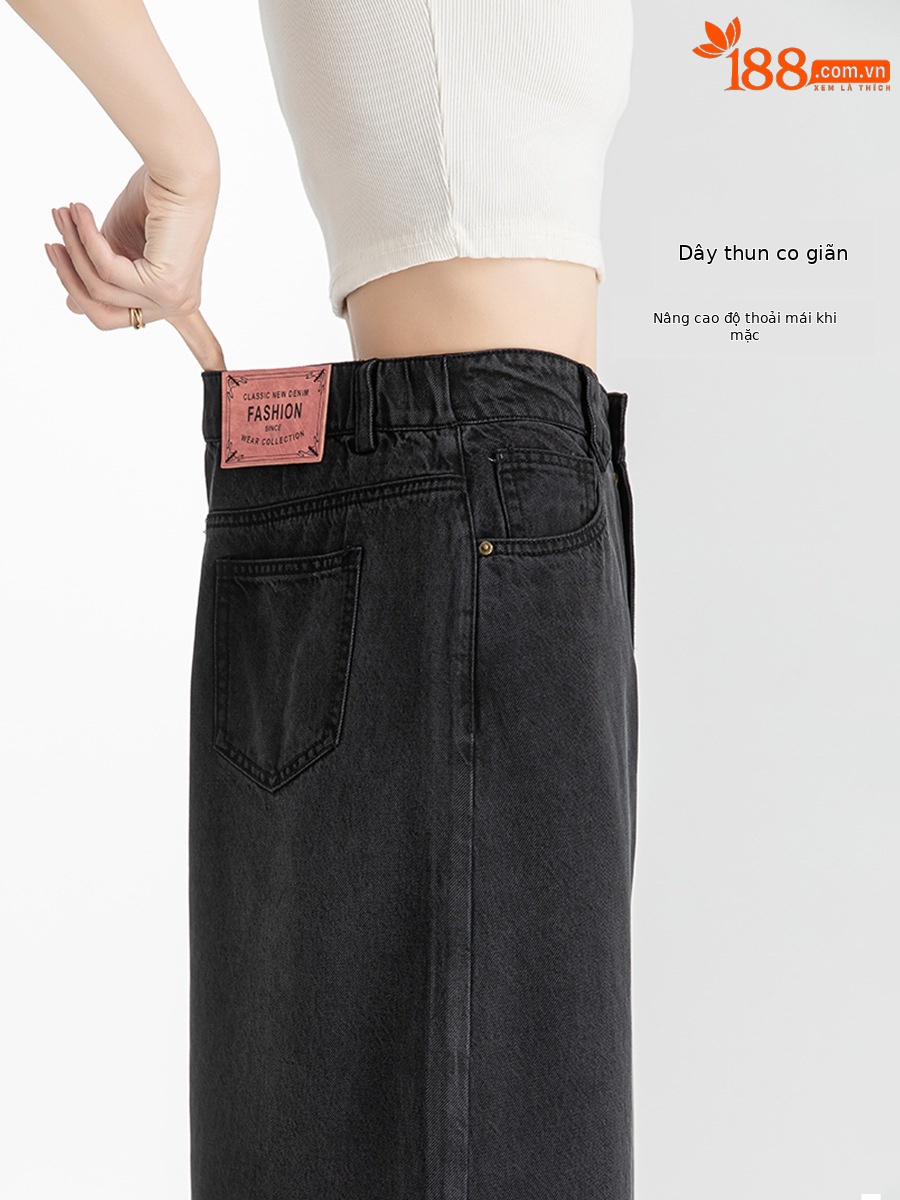 Chân váy bút chì denim Tencel cỡ lớn nữ xẻ tà dài vừa phải — Màu đen
