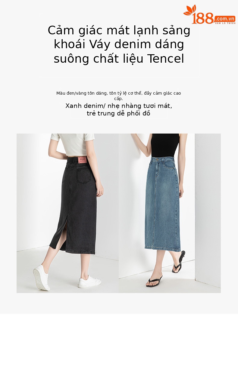 Chân váy bút chì denim Tencel cỡ lớn nữ xẻ tà dài vừa phải — Màu đen chi tiết 4