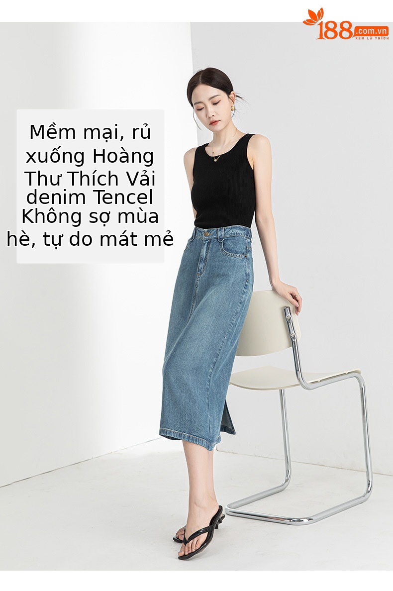 Chân váy bút chì denim Tencel cỡ lớn nữ xẻ tà dài vừa phải — Màu đen chi tiết 10