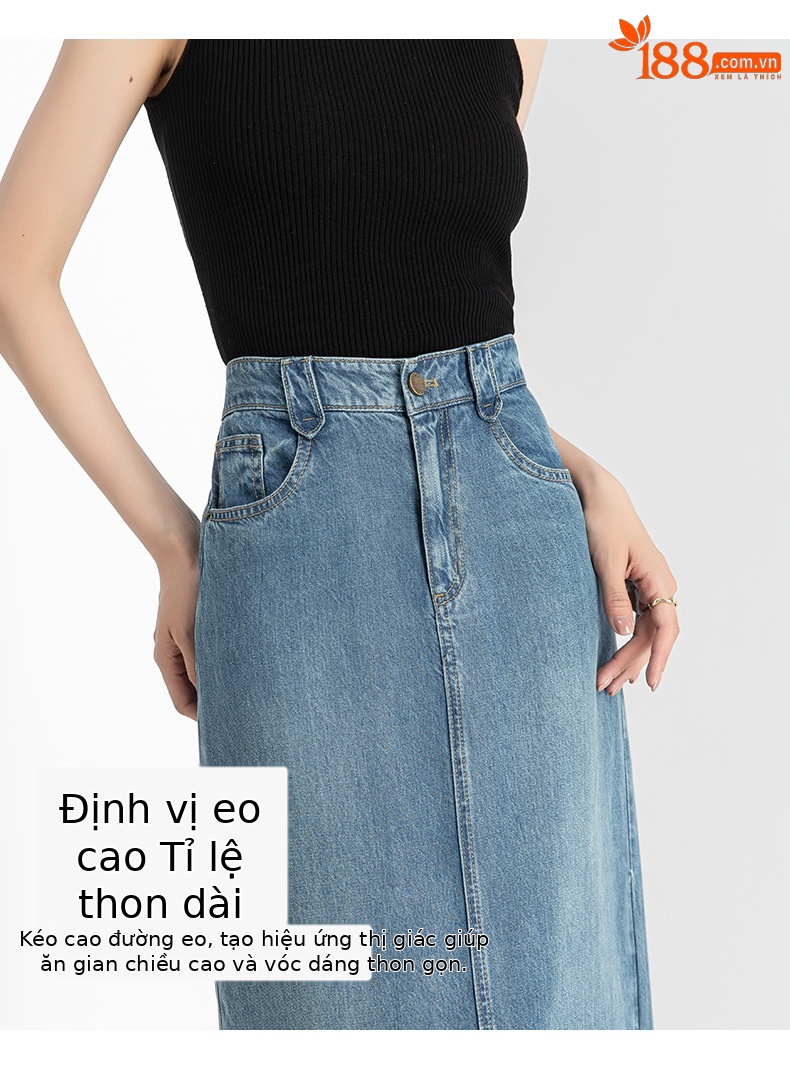 Chân váy bút chì denim Tencel cỡ lớn nữ xẻ tà dài vừa phải — Màu đen chi tiết 11