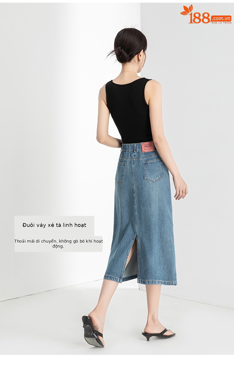 Chân váy bút chì denim Tencel cỡ lớn nữ xẻ tà dài vừa phải — Màu đen chi tiết 15