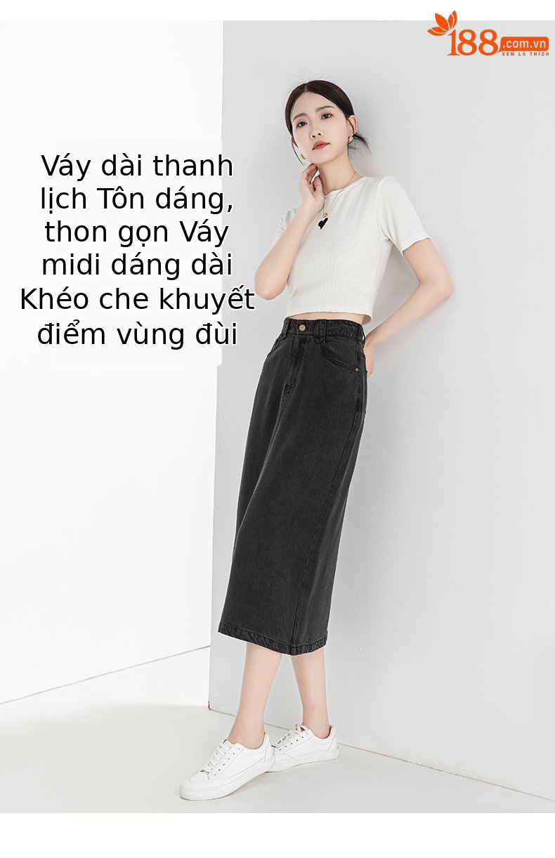 Chân váy bút chì denim Tencel cỡ lớn nữ xẻ tà dài vừa phải — Màu đen chi tiết 16