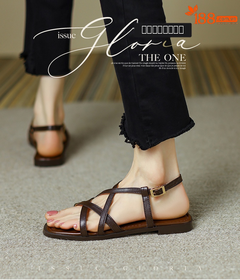 Dép sandal nữ xỏ ngón đế bệt da bò dệt hở mũi phong cách La Mã — Màu nâu chi tiết 1