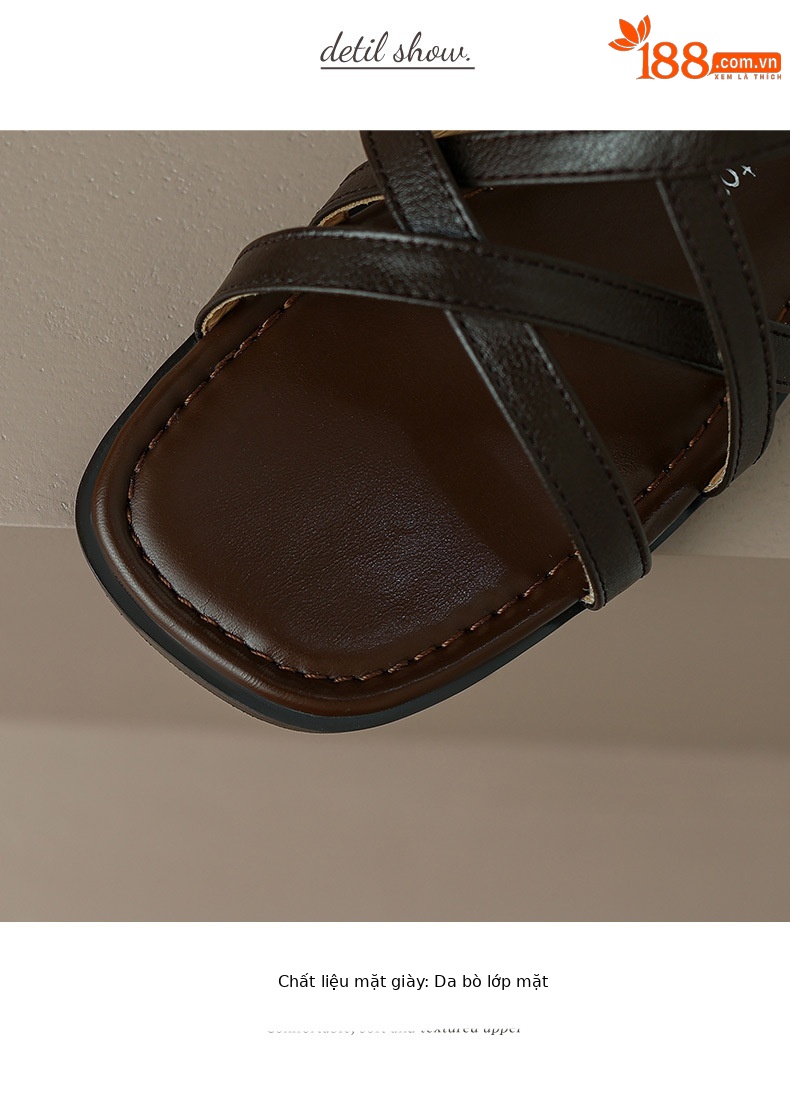 Dép sandal nữ xỏ ngón đế bệt da bò dệt hở mũi phong cách La Mã — Màu nâu chi tiết 10