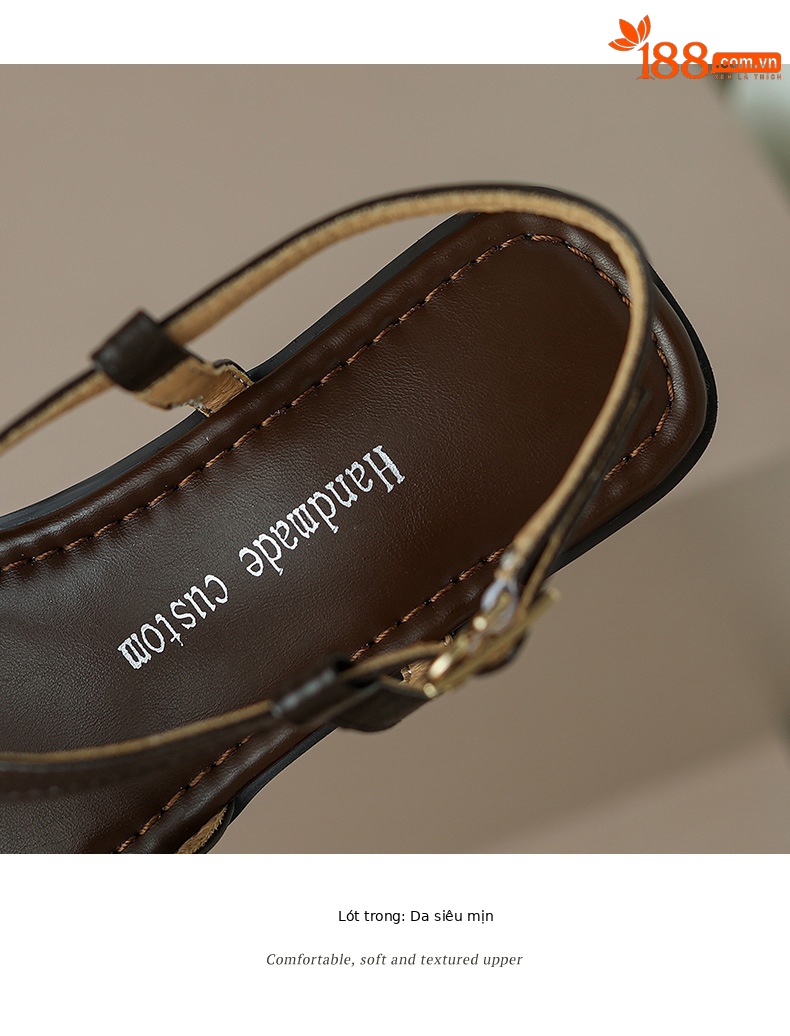 Dép sandal nữ xỏ ngón đế bệt da bò dệt hở mũi phong cách La Mã — Màu nâu chi tiết 11