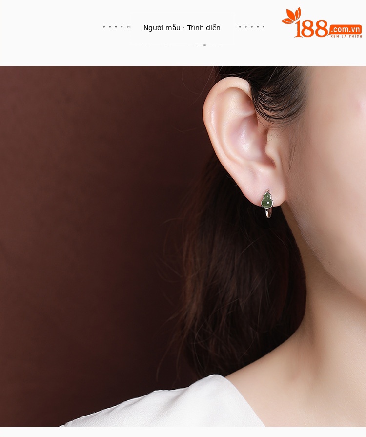 Khuyên tai bạc S925 hình hươu đính ngọc bích phong cách cổ điển — Một cặp chi tiết 5