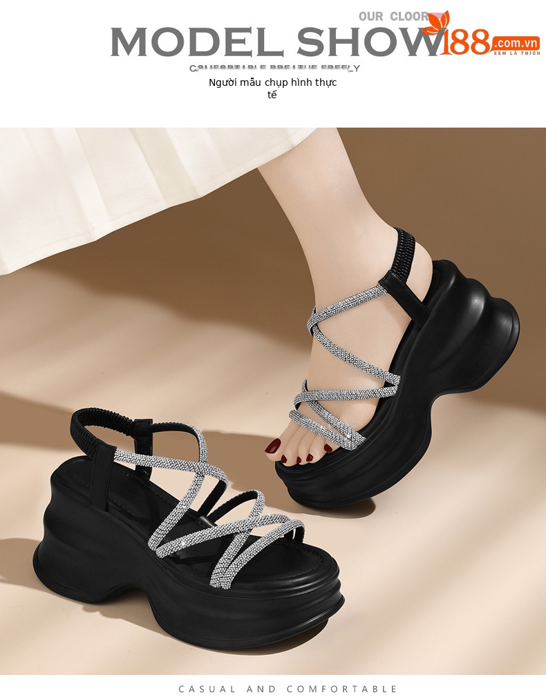 Sandal đế xuồng platform nữ đế dày phong cách Pháp đính đá — Màu be 1971, 1971 Màu đen chi tiết 6