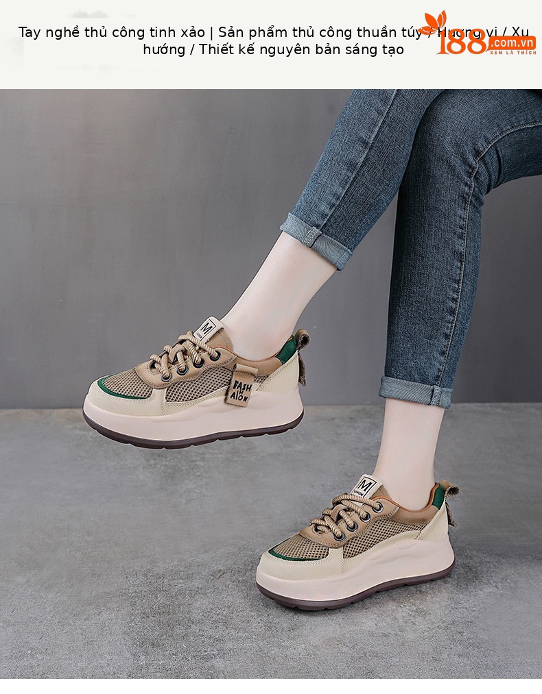 Sandal đế xuồng platform nữ da thật thoáng khí mũi kín — Màu be chi tiết 1
