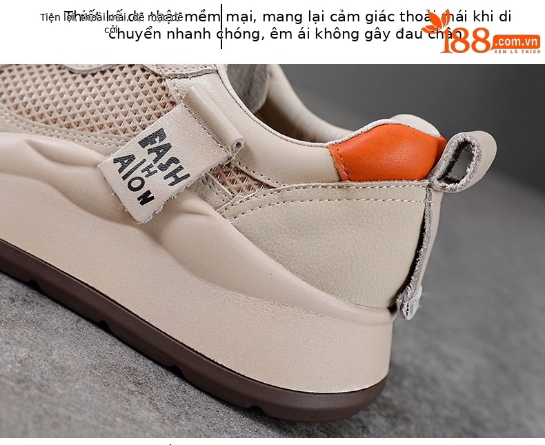 Sandal đế xuồng platform nữ da thật thoáng khí mũi kín — Màu be chi tiết 6