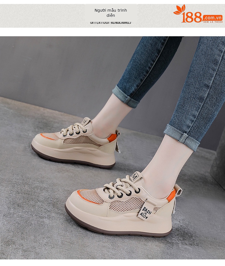 Sandal đế xuồng platform nữ da thật thoáng khí mũi kín — Màu be chi tiết 9