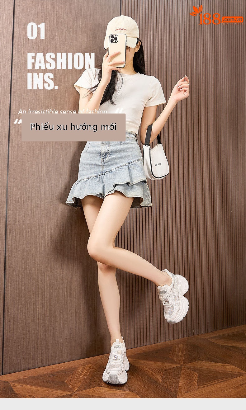 Giày sneaker nữ đế dày chunky phong cách thể thao, gót 8 cm — Trắng, Bạc chi tiết 2