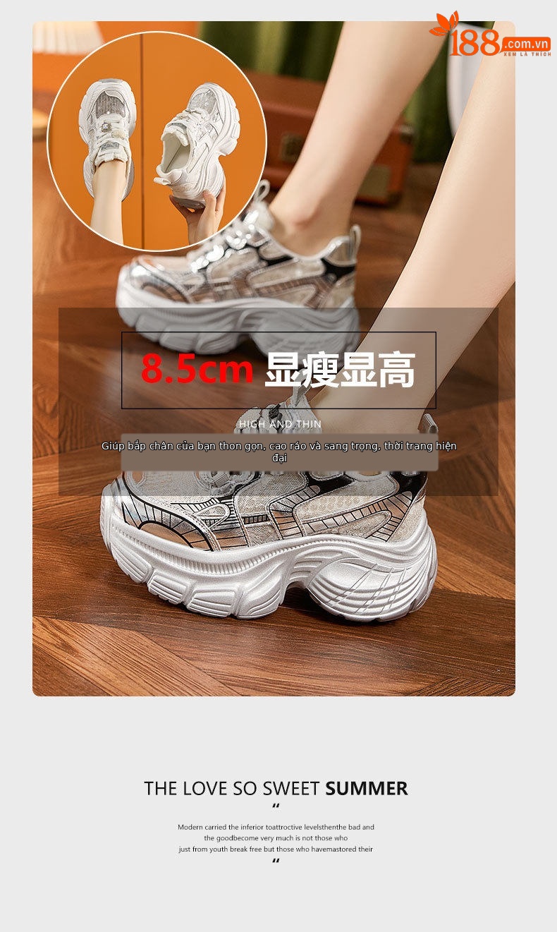 Giày sneaker nữ đế dày chunky phong cách thể thao, gót 8 cm — Trắng, Bạc chi tiết 9