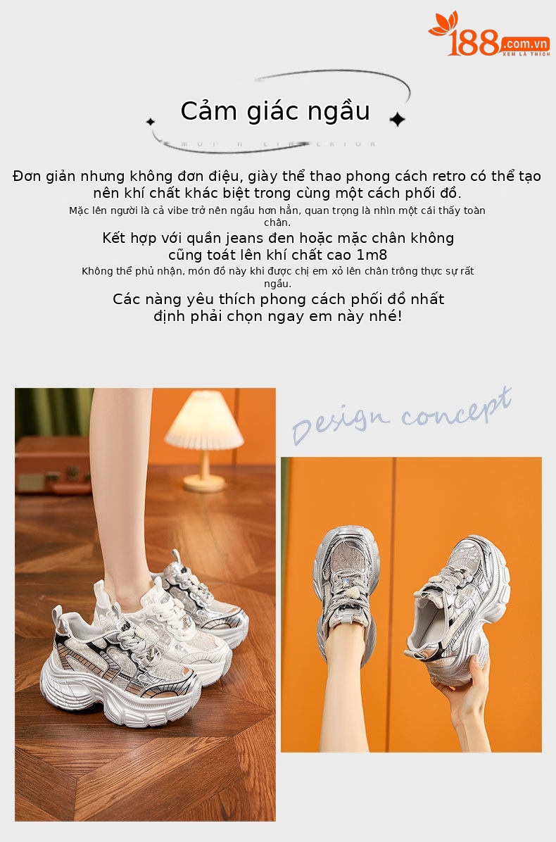 Giày sneaker nữ đế dày chunky phong cách thể thao, gót 8 cm — Trắng, Bạc chi tiết 4