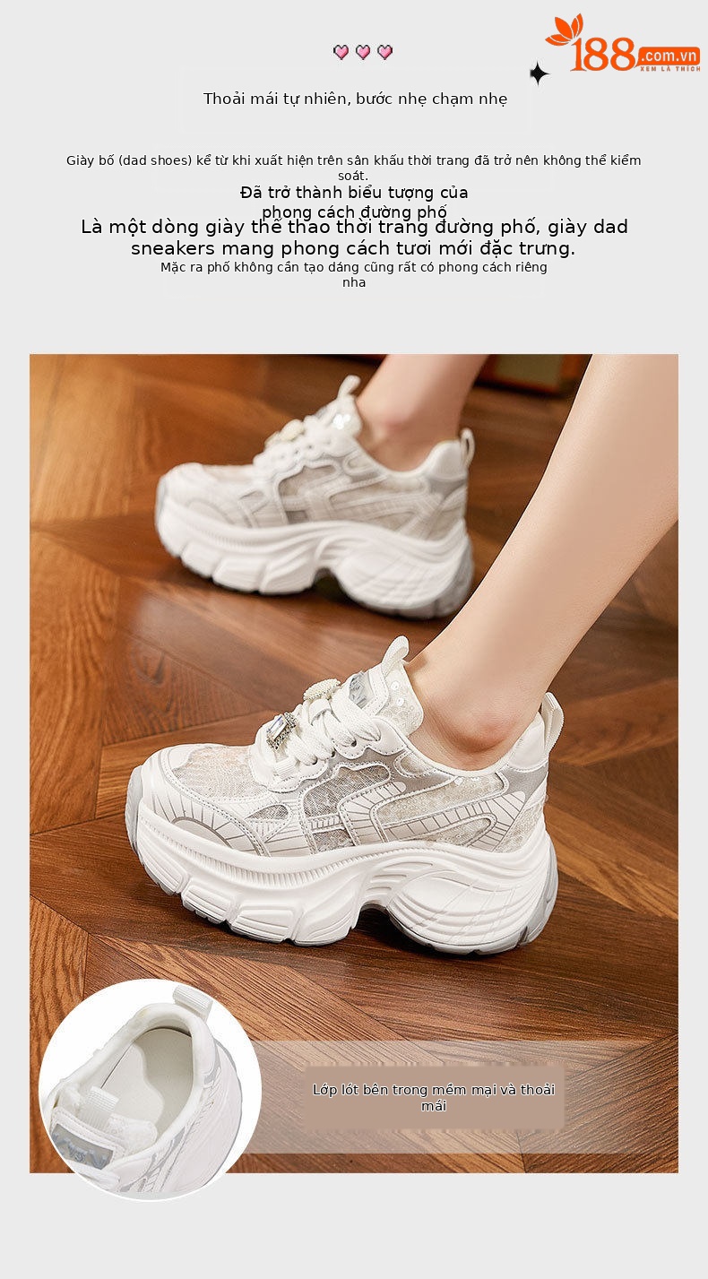 Giày sneaker nữ đế dày chunky phong cách thể thao, gót 8 cm — Trắng, Bạc chi tiết 5