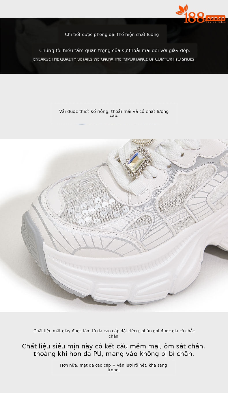 Giày sneaker nữ đế dày chunky phong cách thể thao, gót 8 cm — Trắng, Bạc chi tiết 6