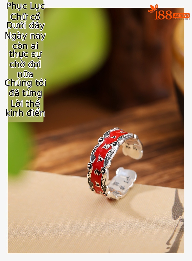 Nhẫn bạc S999 nguyên chất chu sa cổ điển khắc sáu chữ thần chú Tâm Kinh phong cách Trung Hoa, nhẫn mở có thể điều chỉnh — Khoảng 3 gram chi tiết 1