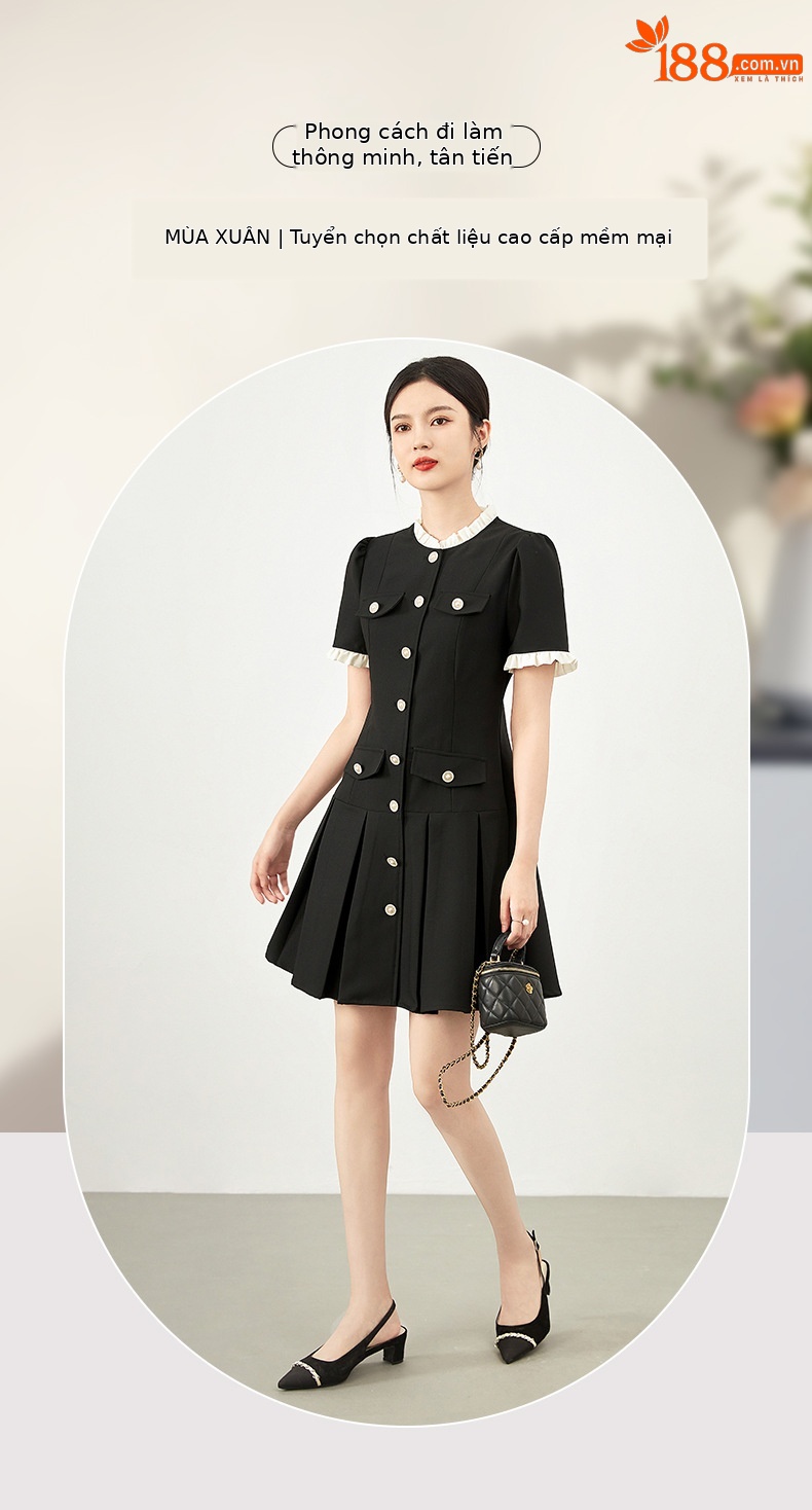 Đầm suông nữ midi phong cách Pháp, chất liệu tweed nhẹ, tay ngắn, cổ tròn — Màu đen chi tiết 1