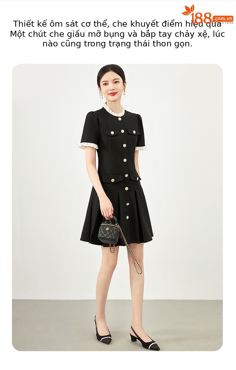 Đầm suông nữ midi phong cách Pháp, chất liệu tweed nhẹ, tay ngắn, cổ tròn — Màu đen chi tiết 3