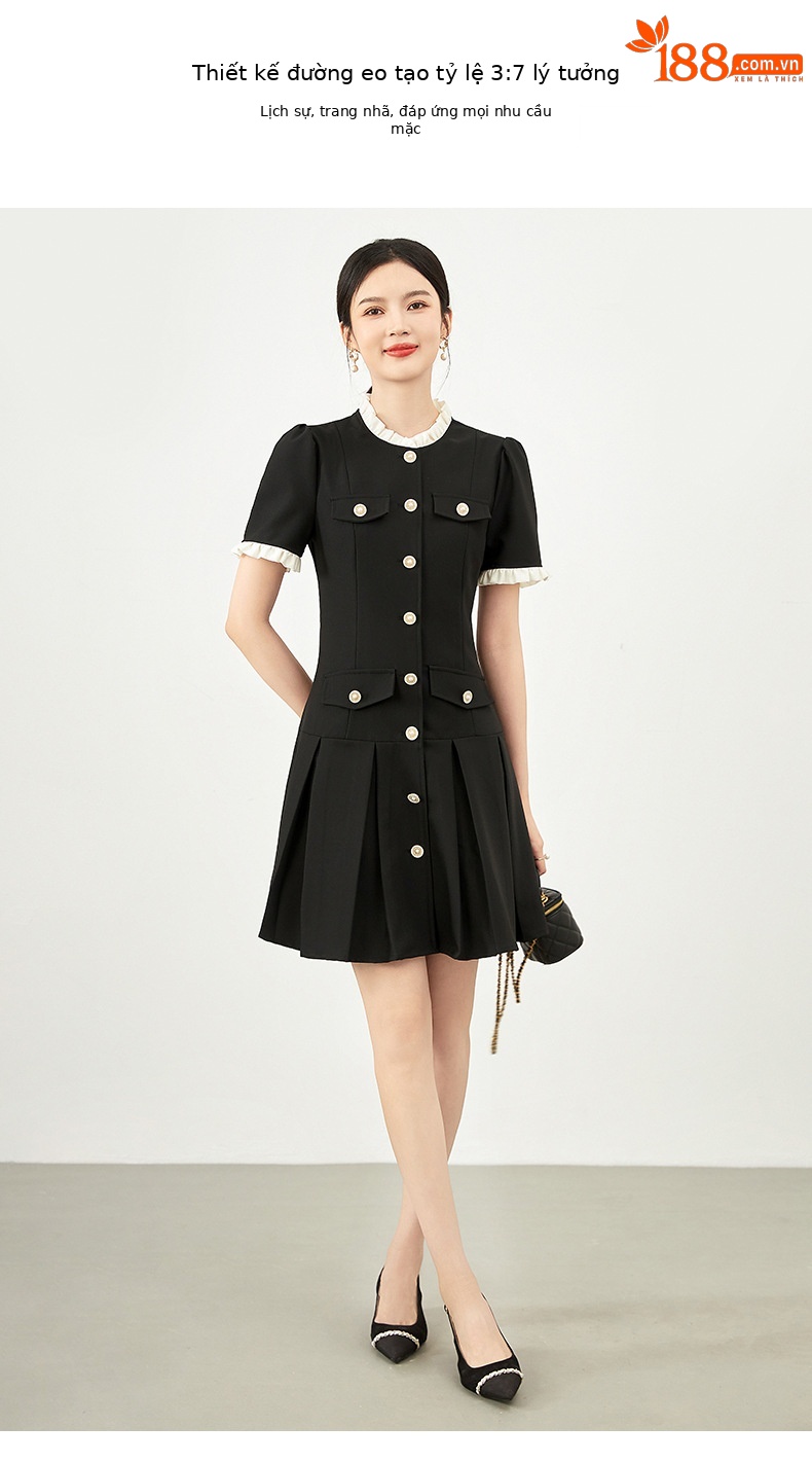 Đầm suông nữ midi phong cách Pháp, chất liệu tweed nhẹ, tay ngắn, cổ tròn — Màu đen chi tiết 4