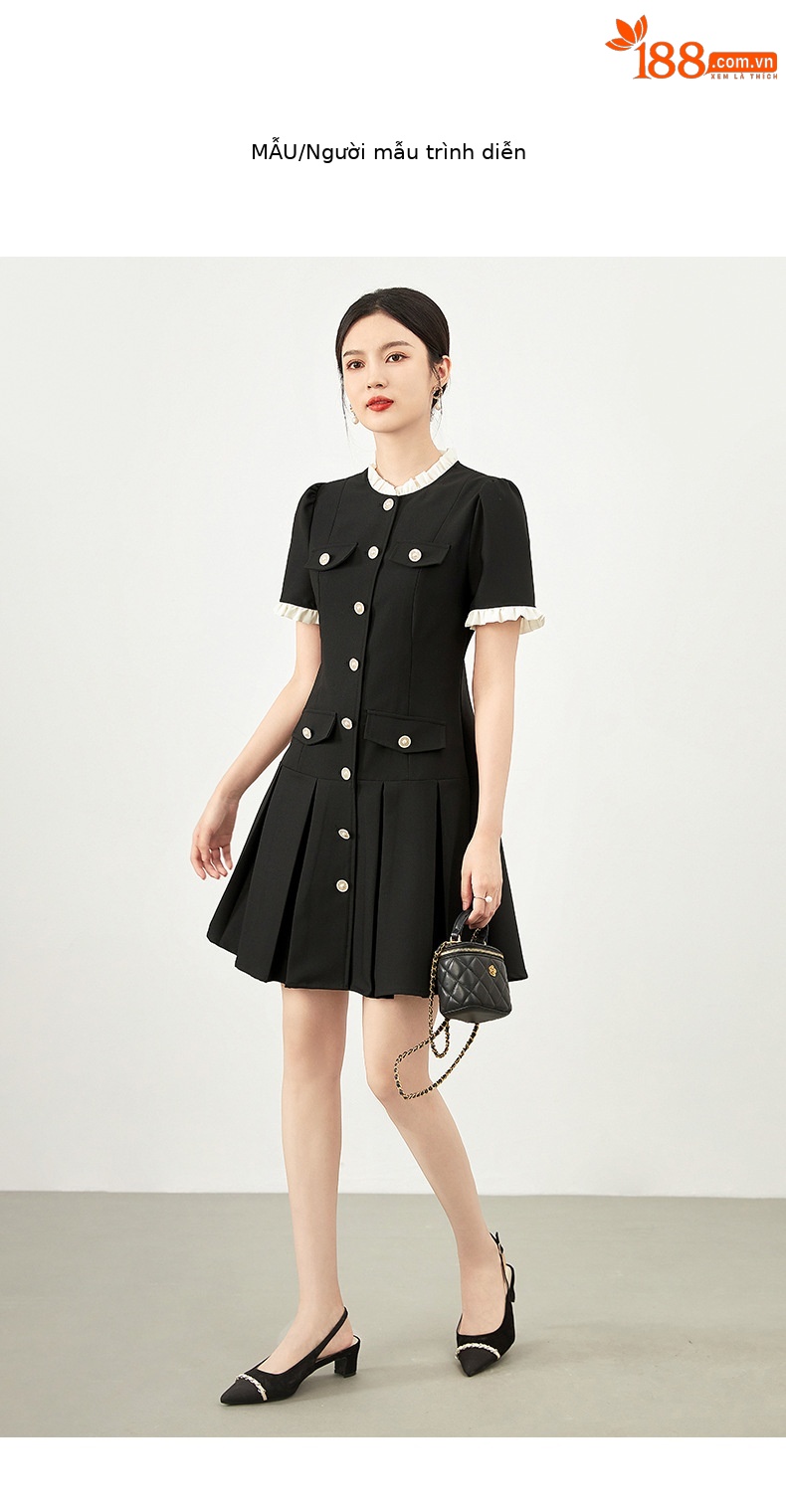 Đầm suông nữ midi phong cách Pháp, chất liệu tweed nhẹ, tay ngắn, cổ tròn — Màu đen chi tiết 7