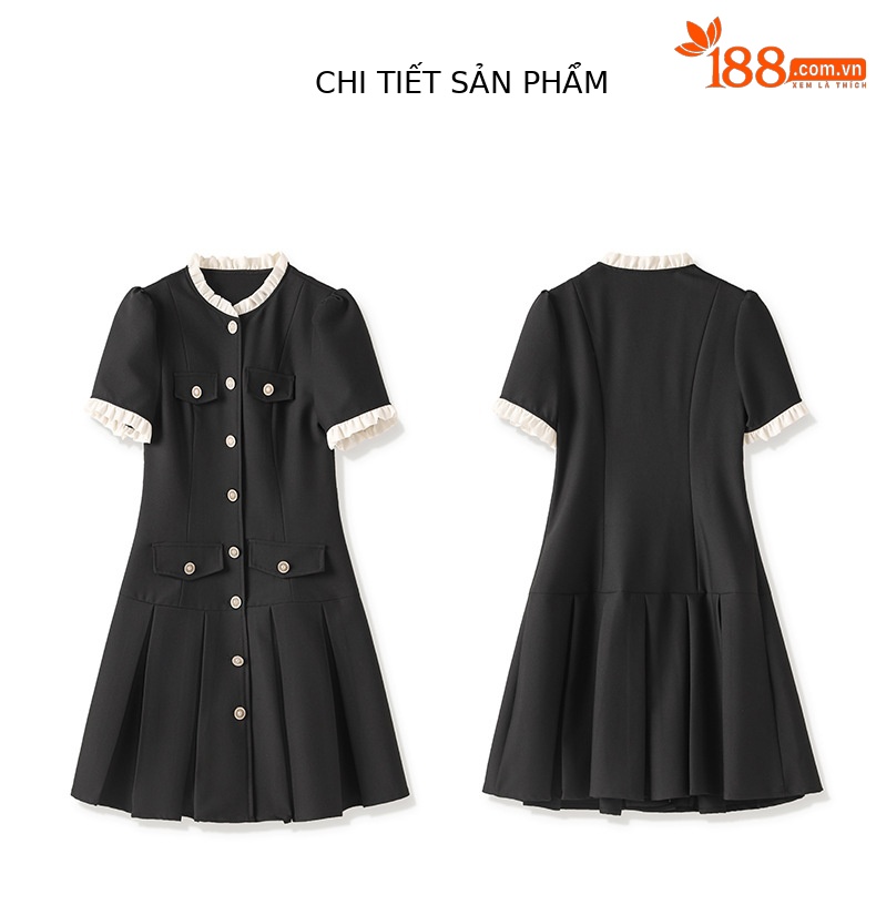 Đầm suông nữ midi phong cách Pháp, chất liệu tweed nhẹ, tay ngắn, cổ tròn — Màu đen chi tiết 11