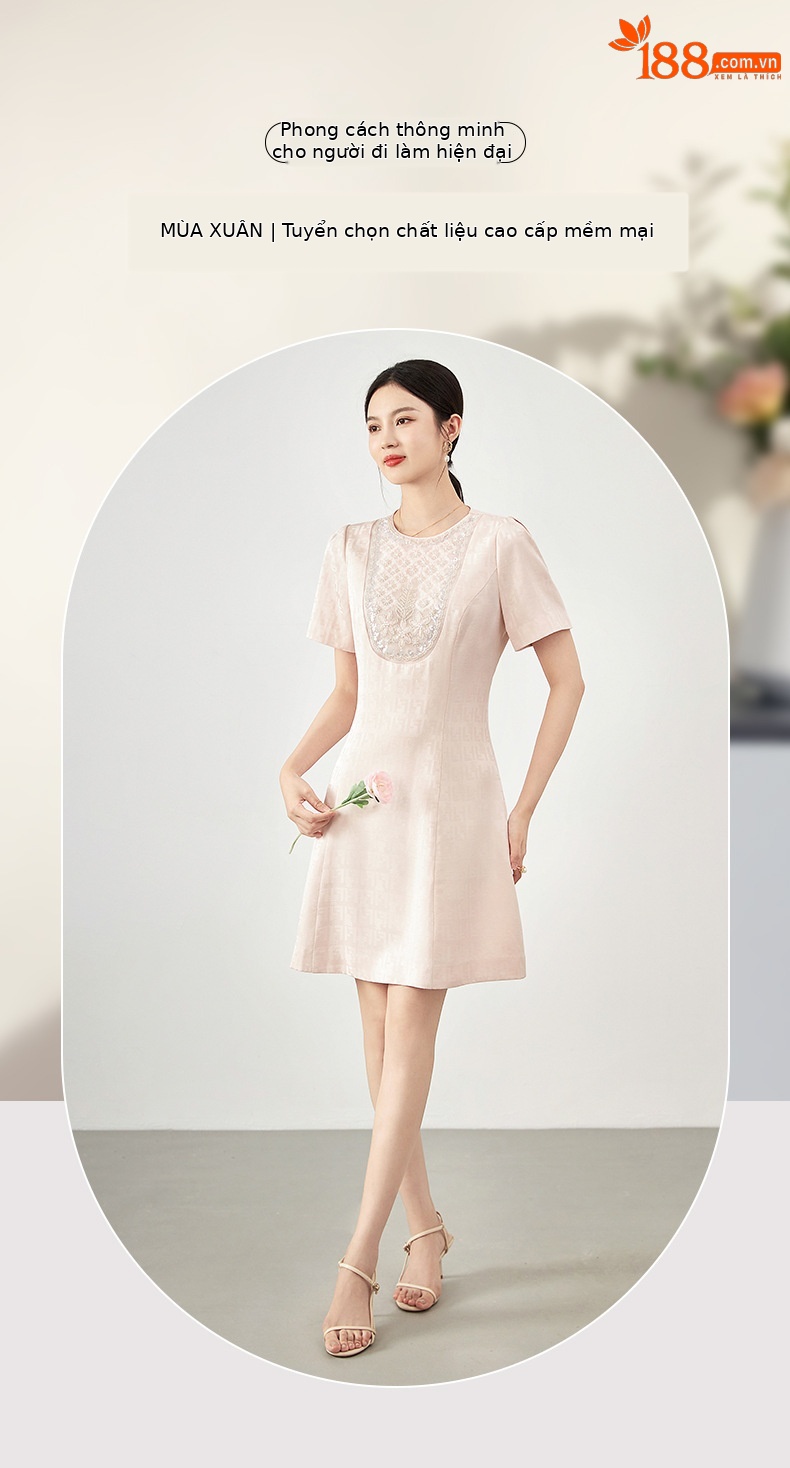 Váy đầm maxi nữ thắt eo đính cườm kiểu Pháp lãng mạn — Màu hồng chi tiết 1