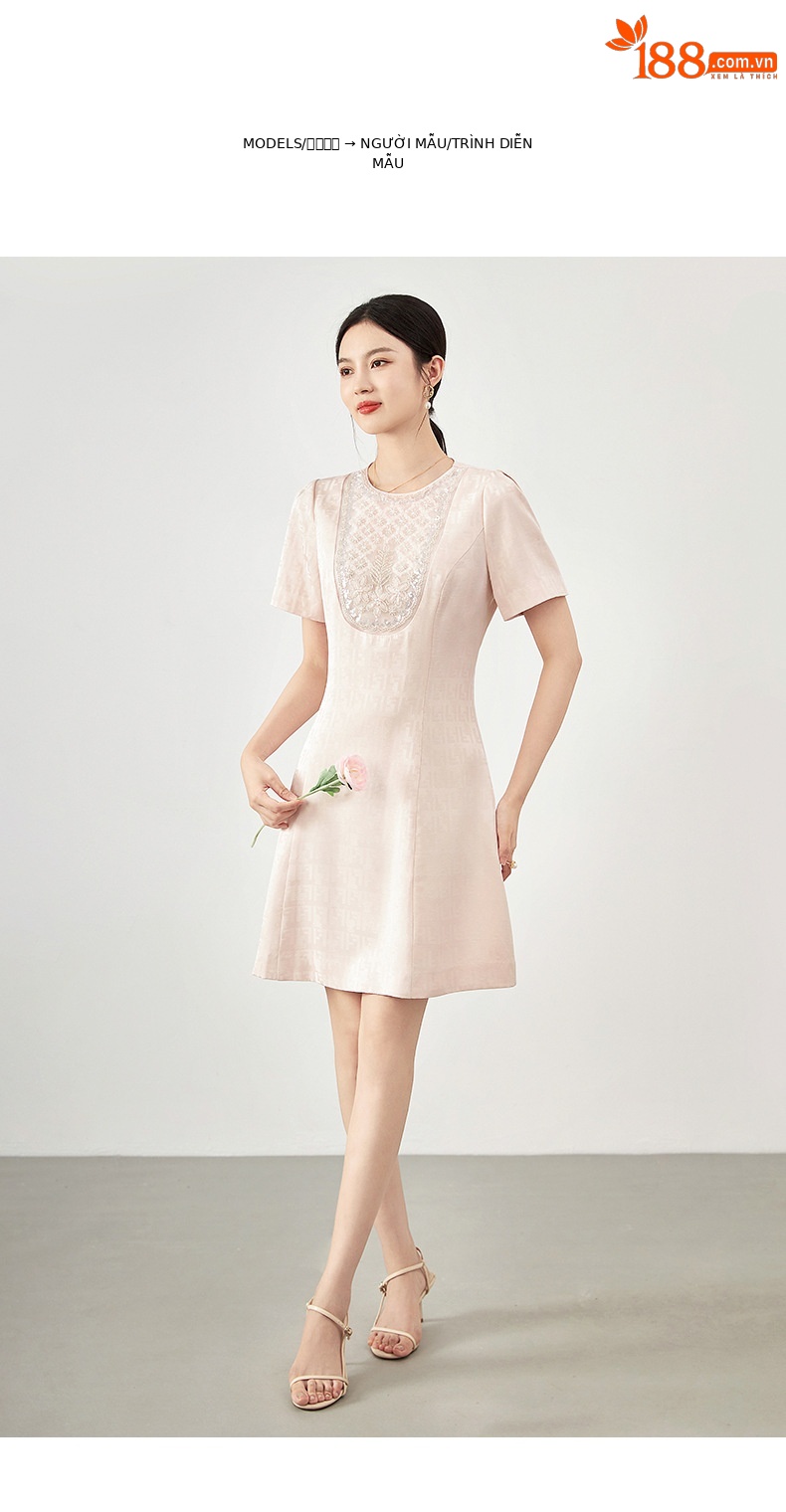 Váy đầm maxi nữ thắt eo đính cườm kiểu Pháp lãng mạn — Màu hồng chi tiết 7