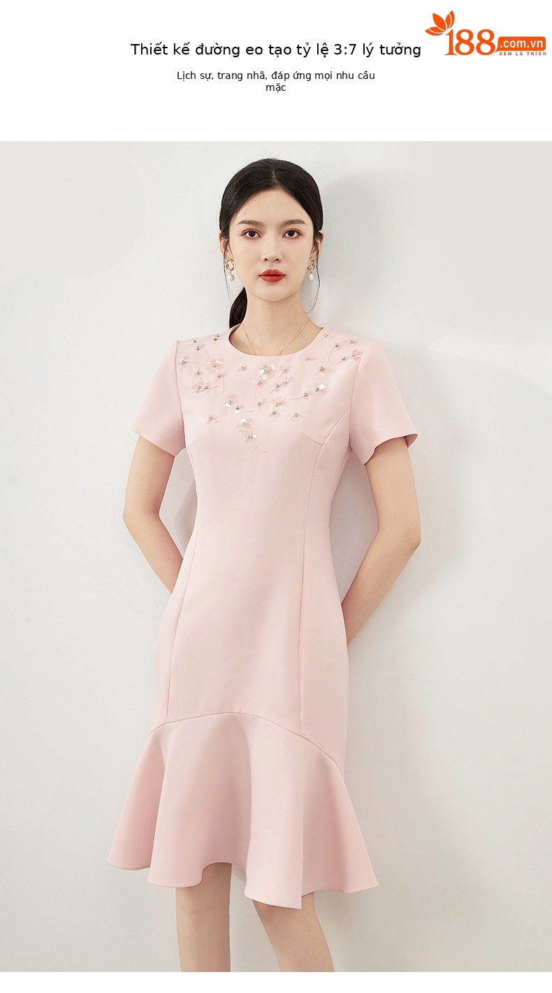 Đầm ôm body nữ đính kim cương phong cách quý cô — Màu hồng chi tiết 4