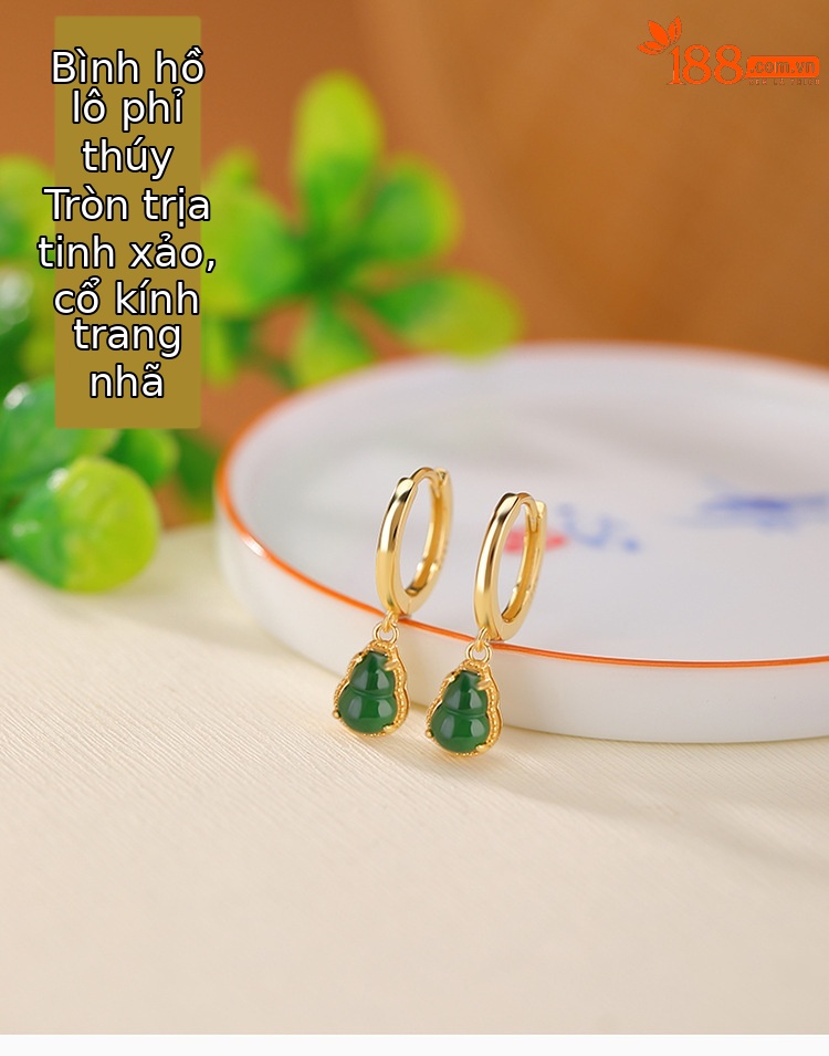 Bông tai bầu Fulu bạc S925 mạ vàng đính ngọc bích phong cách retro cao cấp — Một cặp chi tiết 1